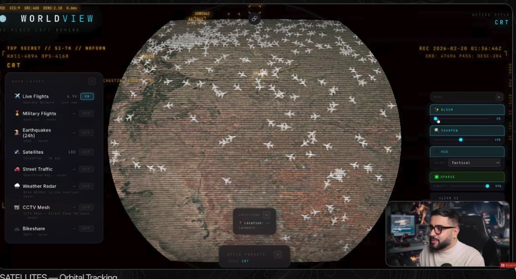WorldView com voos ao vivo em modo CRT e rastreamento orbital de satélites