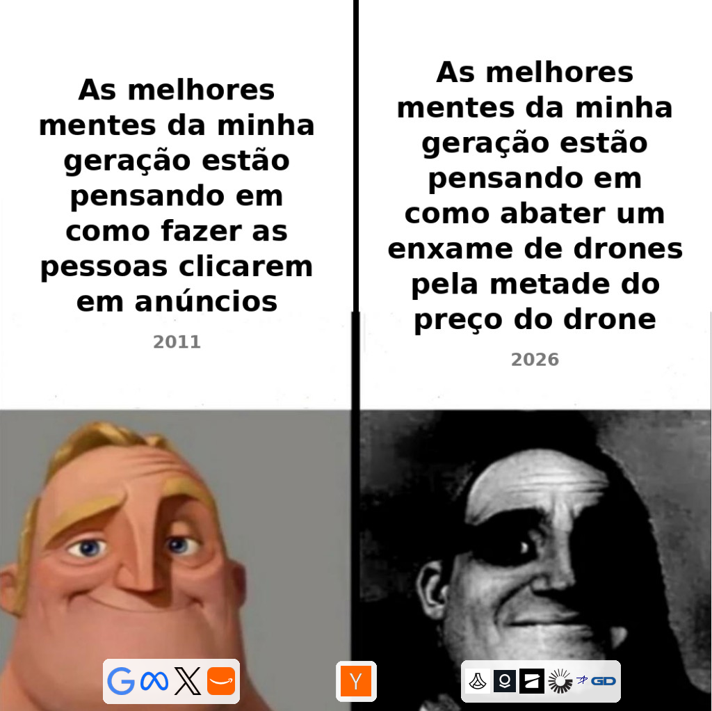 Meme de dois painéis. À esquerda, sorridente: as melhores mentes da minha geração estão pensando em como fazer as pessoas clicarem em anúncios, 2011. À direita, sombrio: as melhores mentes da minha geração estão pensando em como abater um enxame de drones pela metade do preço do drone, 2026.